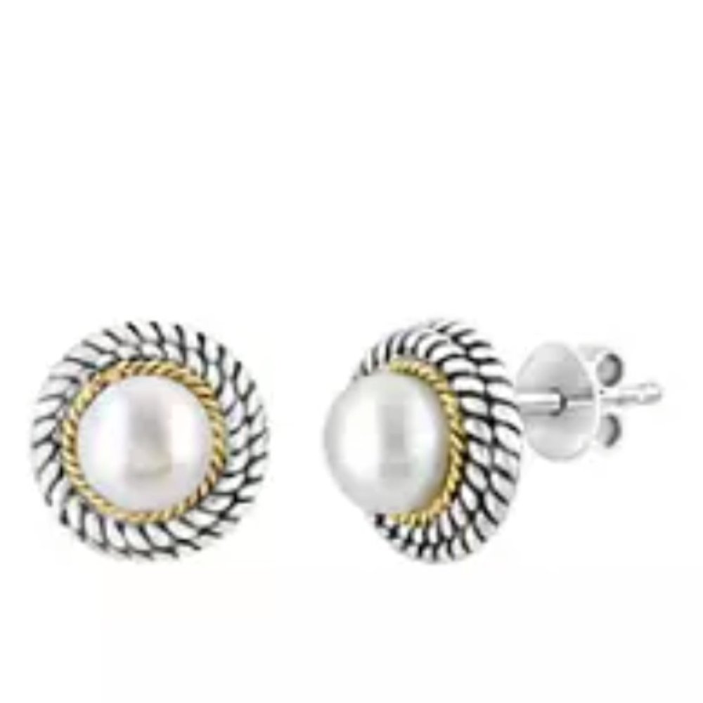 🦪Effy Freshwater Pearl Button Earrings in Sterling Silver and 18K Yellow Gold🦪